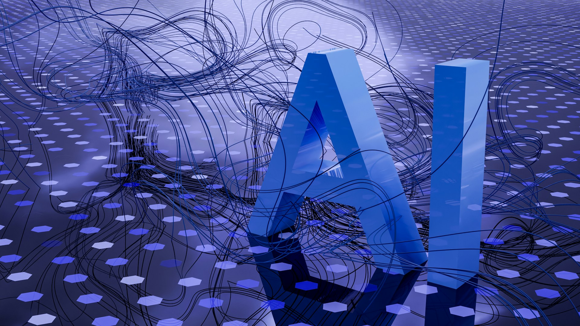 Una imagen gráfica de las letras "AI" rodeadas por líneas negras representa los cambios relacionados con la inteligencia artificial Origen: https://unsplash.com/photos/a-computer-generated-image-of-the-letter-a-ZPOoDQc8yMw